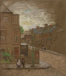 Kinder warten an der Straßenecke, um 1900